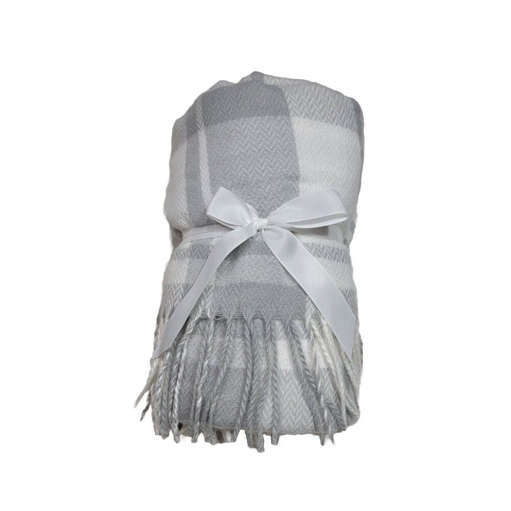LOFT Plush Throw Blanket Gray White Plaid Fringe Oversized MSRP $80 Soft NWT